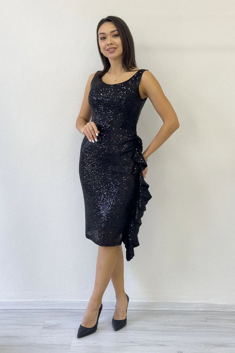 Siyah Pul Payet Kalın Askılı Midi Boy FırFır Detaylı Abiye Elbise