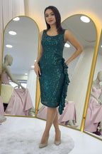 Yeşil Pul Payet Kalın Askılı Midi Boy FırFır Detaylı Abiye Elbise