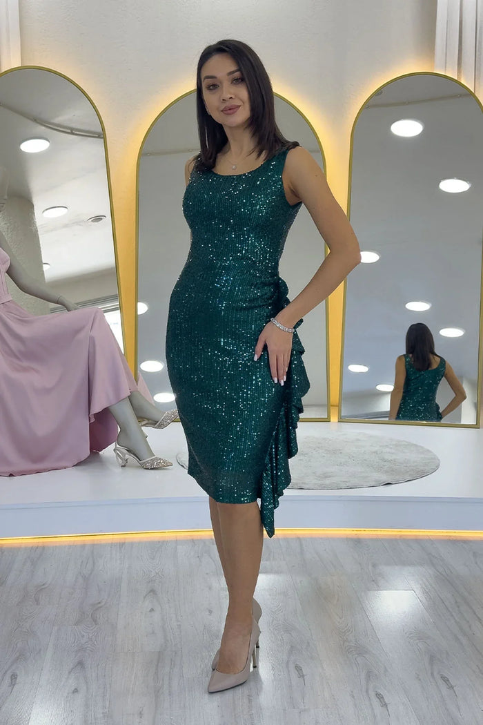 Yeşil Pul Payet Kalın Askılı Midi Boy FırFır Detaylı Abiye Elbise