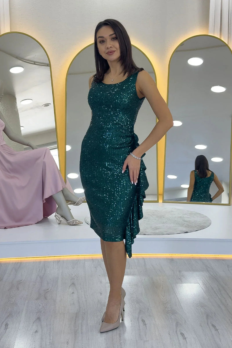 Yeşil Pul Payet Kalın Askılı Midi Boy FırFır Detaylı Abiye Elbise