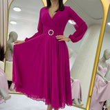 Fuşya Kruvaze Kemerli Midi Boy Şifon Elbise