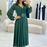 Yeşil Kruvaze Kemerli Midi Boy Şifon Elbise