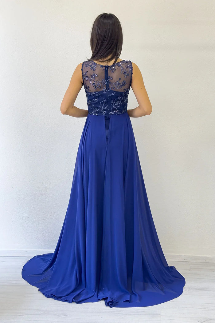 Lacivert V Yaka İşlemeli Kuyruklu Abiye Tulum