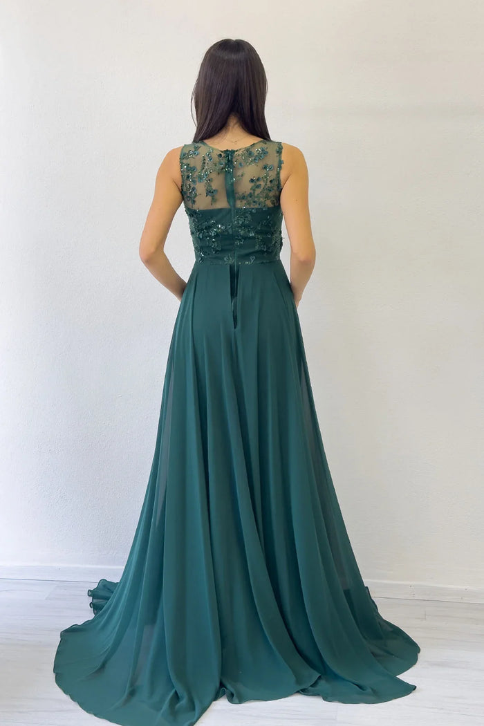 Yeşil V Yaka İşlemeli Kuyruklu Abiye Tulum