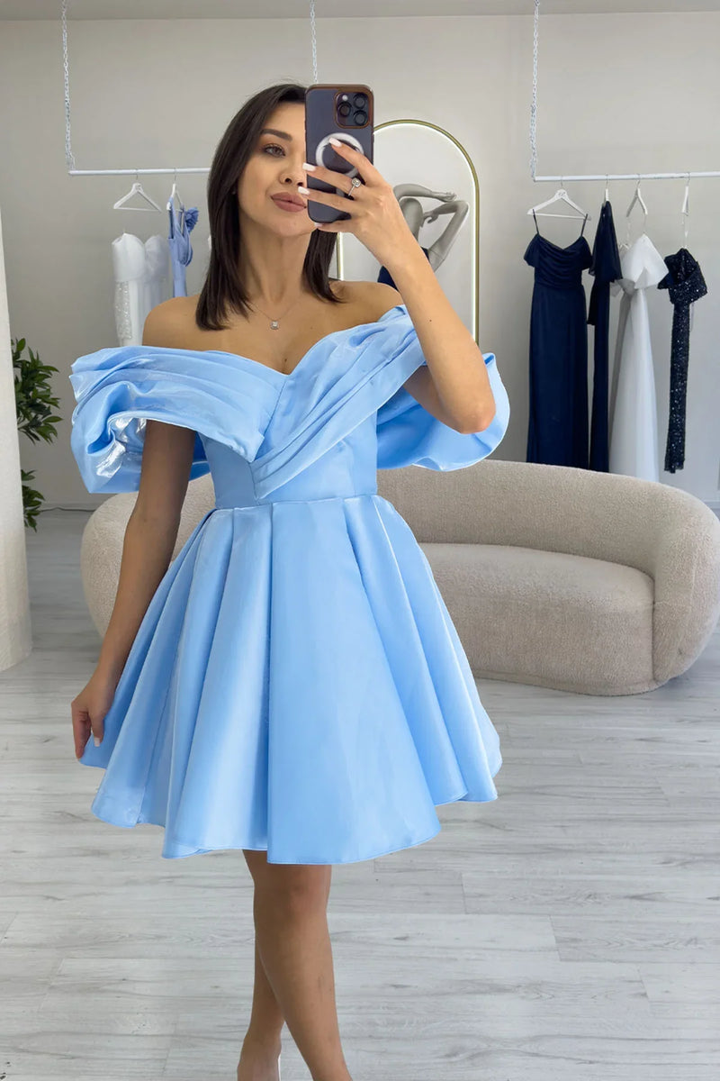 Bebe Mavi Omuz Detay Tasarım Mini Kloş Abiye Elbise 