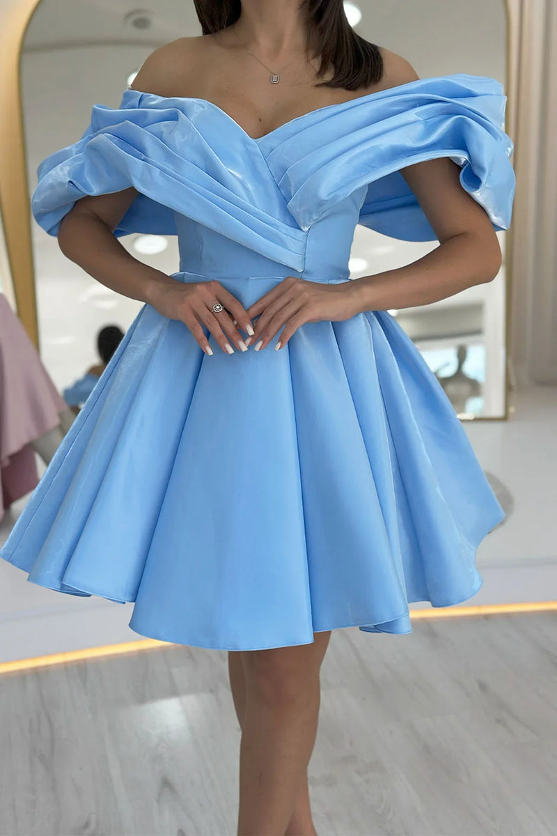 Bebe Mavi Omuz Detay Tasarım Mini Kloş Abiye Elbise 