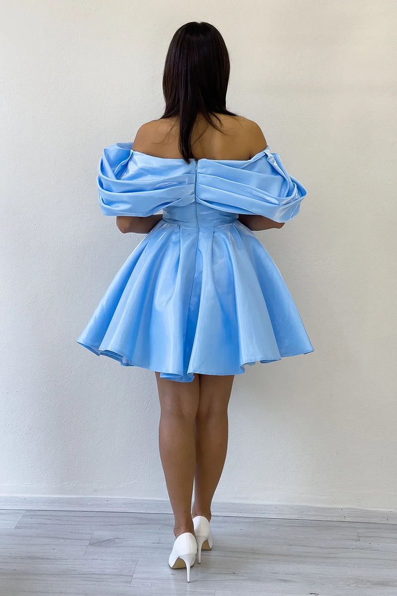 Bebe Mavi Omuz Detay Tasarım Mini Kloş Abiye Elbise 