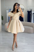 Bej Omuz Detay Tasarım Mini Kloş Abiye Elbise