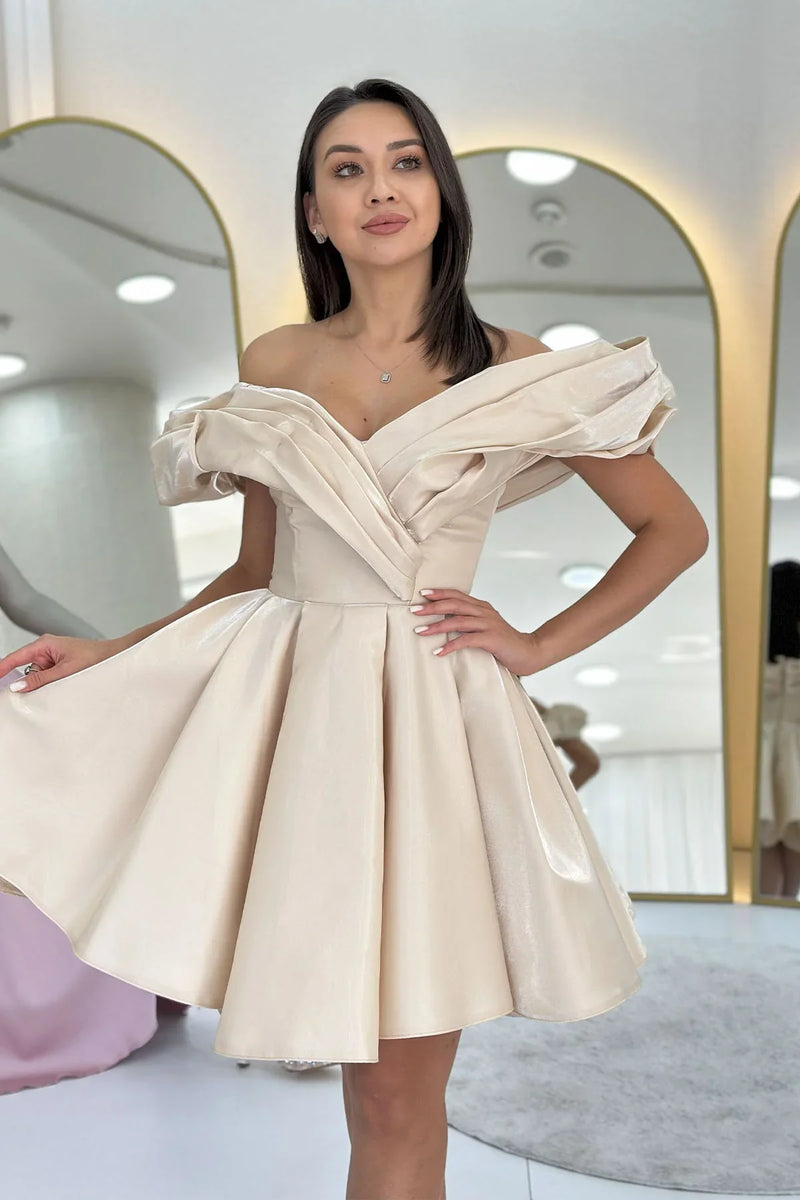 Bej Omuz Detay Tasarım Mini Kloş Abiye Elbise 
