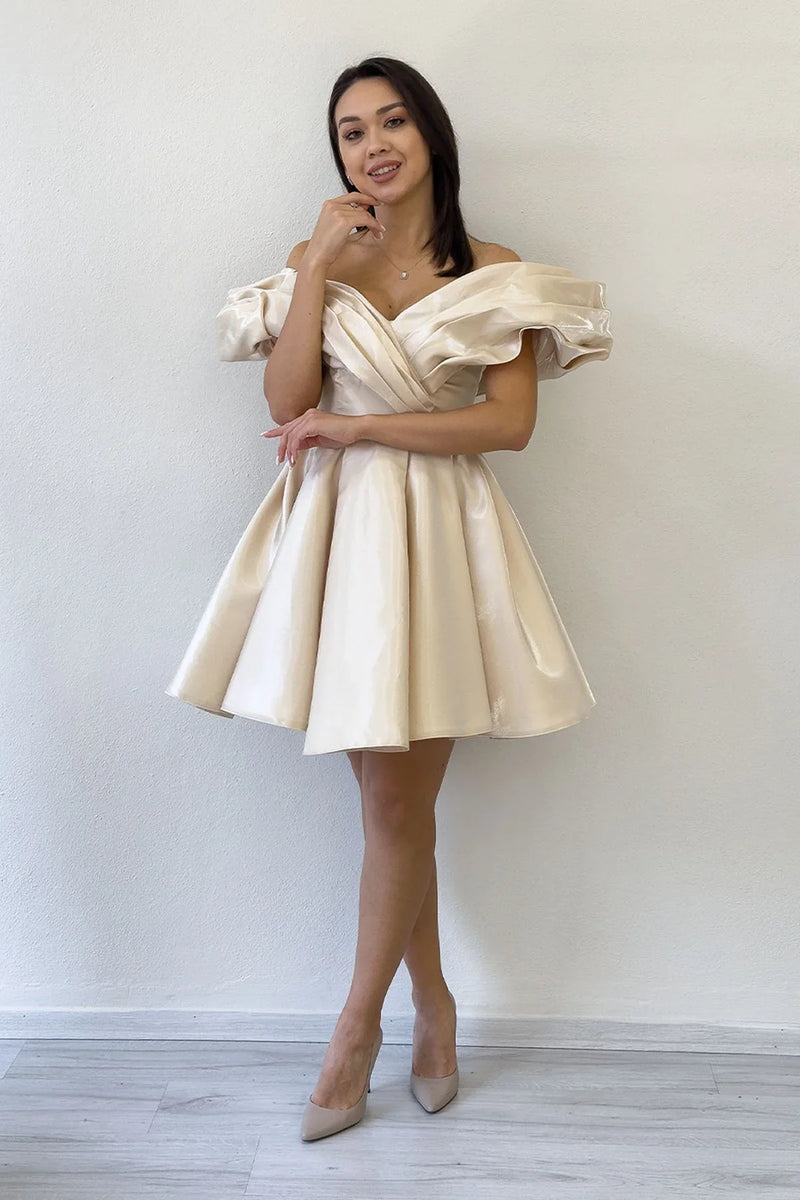 Bej Omuz Detay Tasarım Mini Kloş Abiye Elbise 