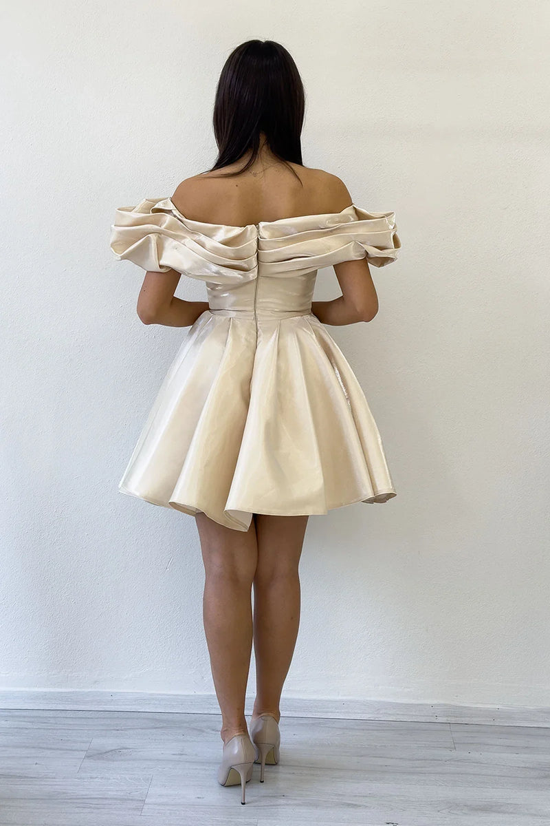 Bej Omuz Detay Tasarım Mini Kloş Abiye Elbise 