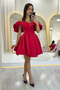 Kırmızı Omuz Detay Tasarım Mini Kloş Abiye Elbise