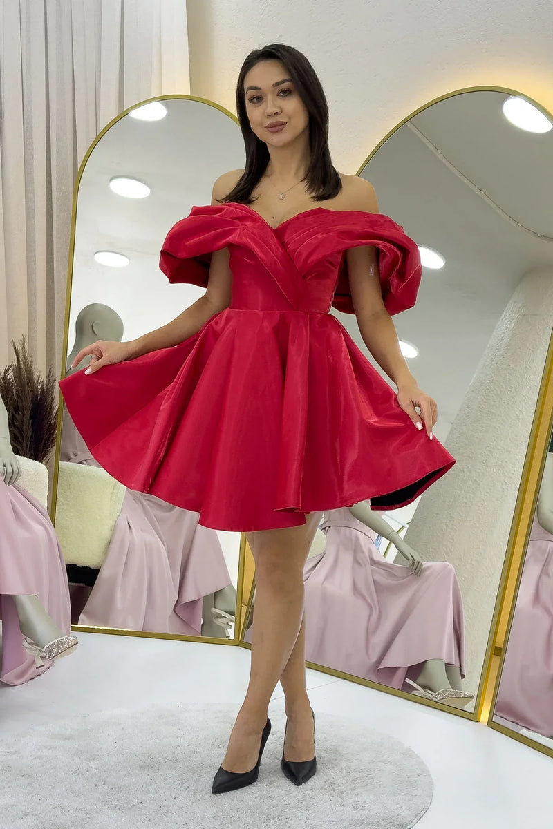 Kırmızı Omuz Detay Tasarım Mini Kloş Abiye Elbise 
