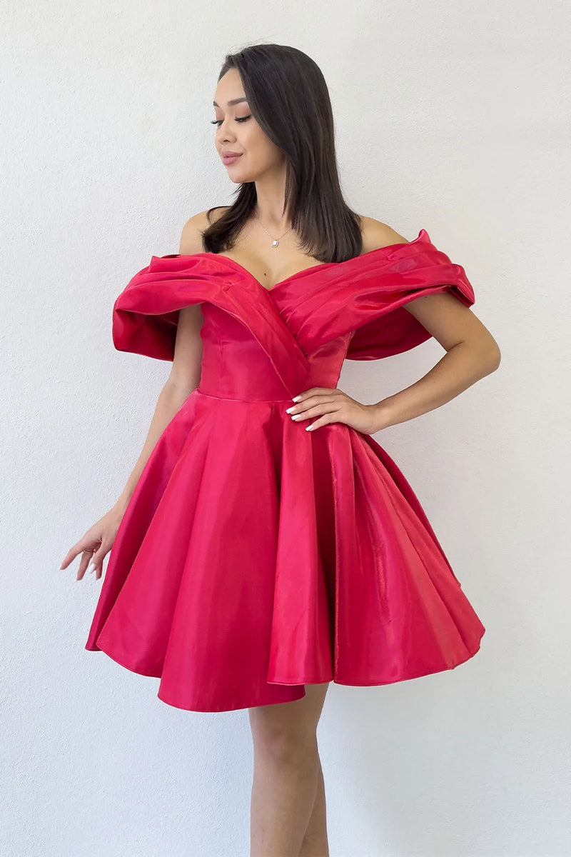 Kırmızı Omuz Detay Tasarım Mini Kloş Abiye Elbise 