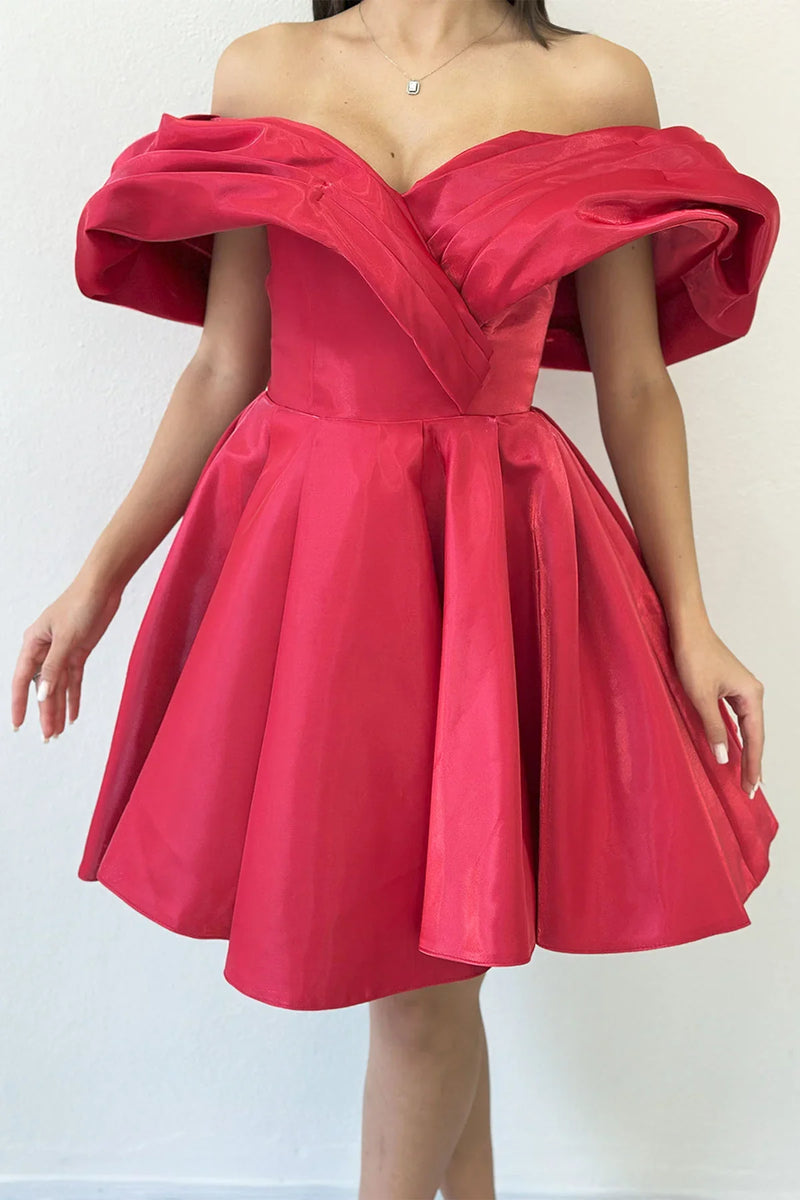 Kırmızı Omuz Detay Tasarım Mini Kloş Abiye Elbise 