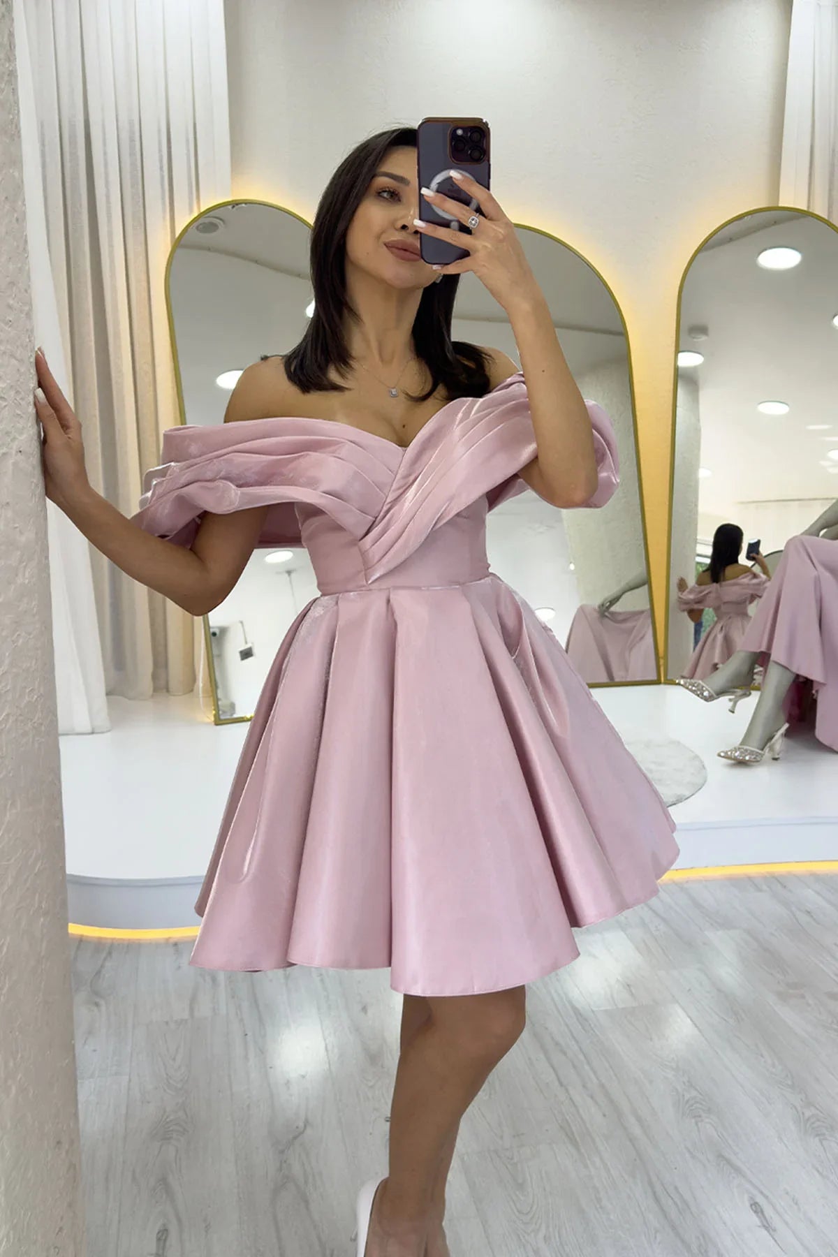 Pudra Omuz Detay Tasarım Mini Kloş Abiye Elbise