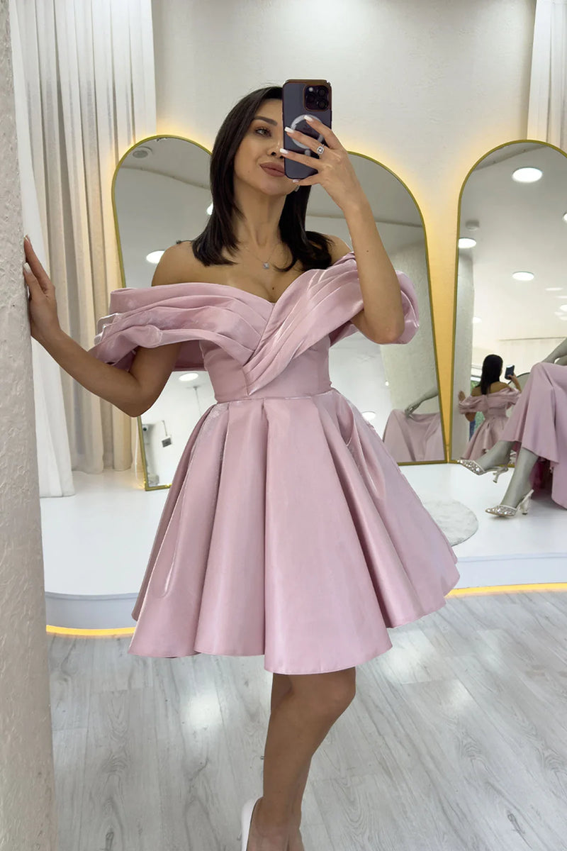 Pudra Omuz Detay Tasarım Mini Kloş Abiye Elbise