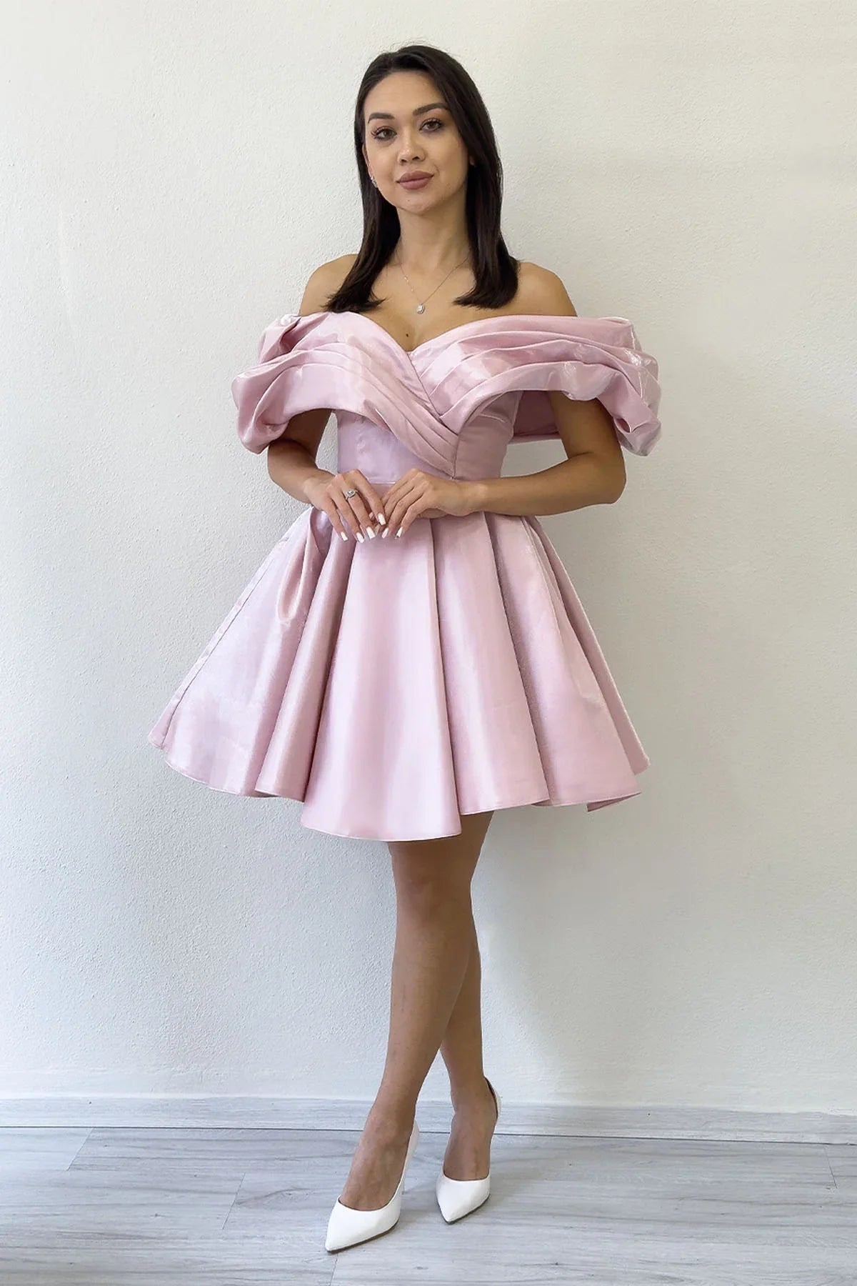 Pudra Omuz Detay Tasarım Mini Kloş Abiye Elbise