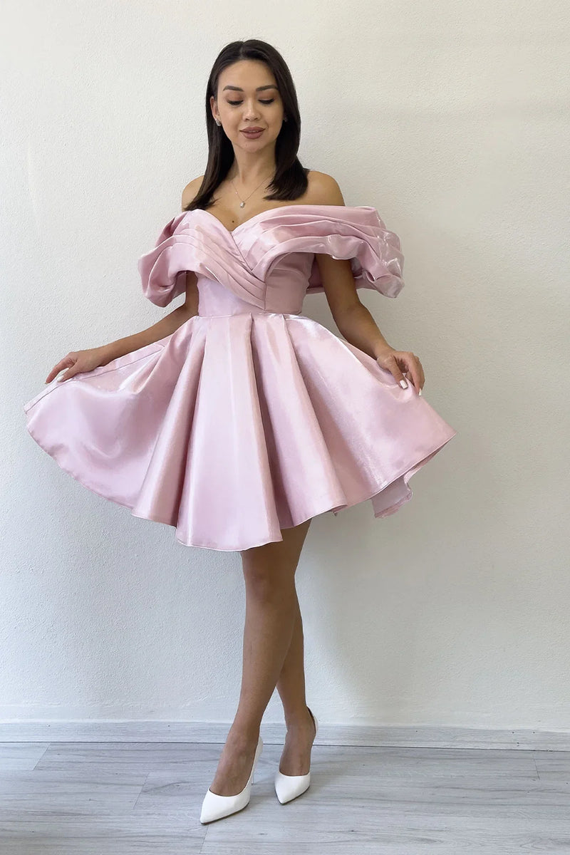 Pudra Omuz Detay Tasarım Mini Kloş Abiye Elbise