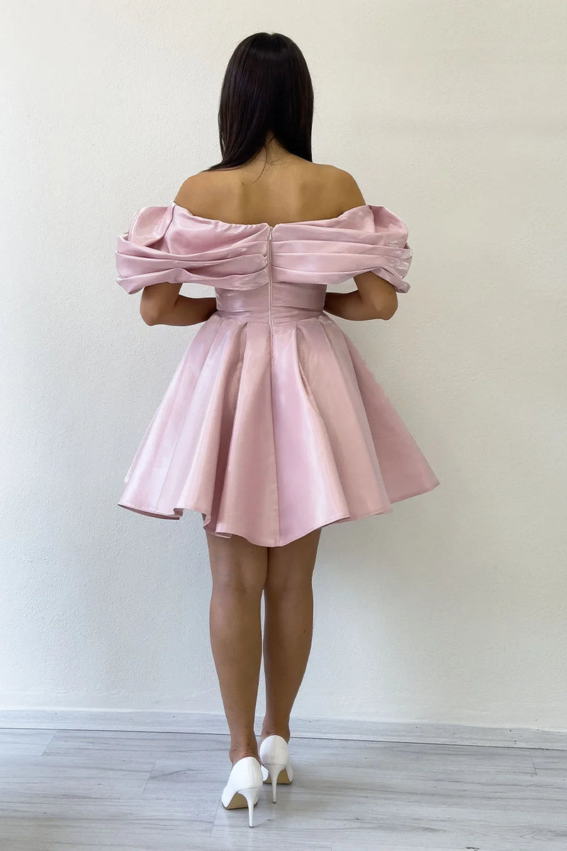 Pudra Omuz Detay Tasarım Mini Kloş Abiye Elbise