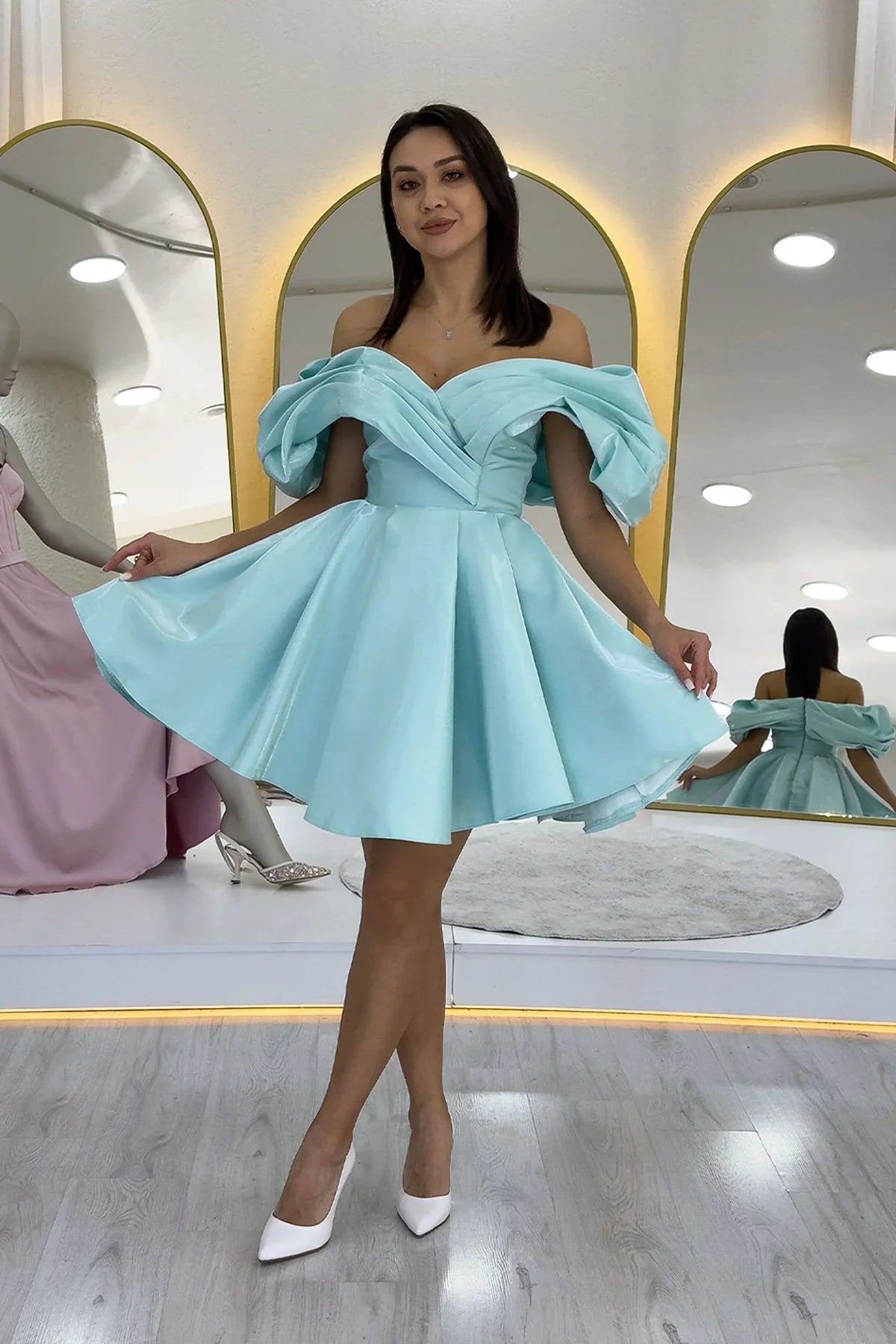 Su Yeşili Omuz Detay Tasarım Mini Kloş Abiye Elbise