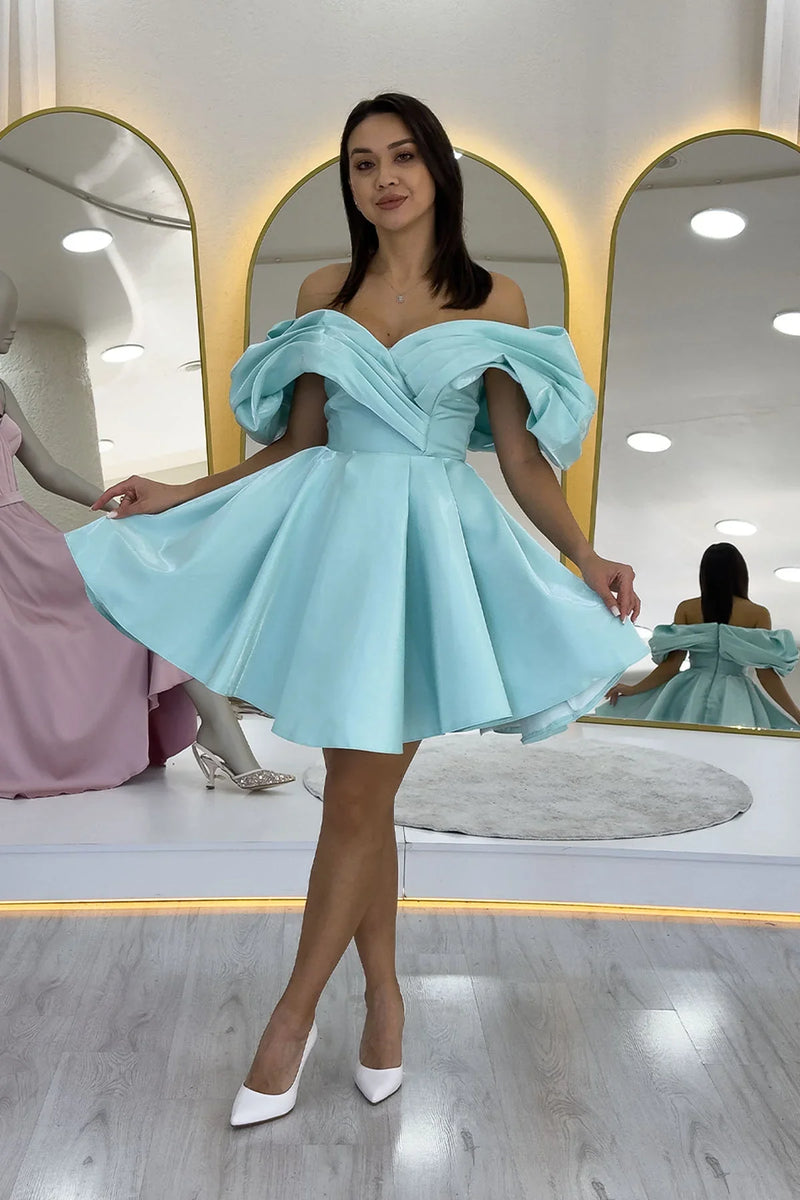 Su Yeşili Omuz Detay Tasarım Mini Kloş Abiye Elbise