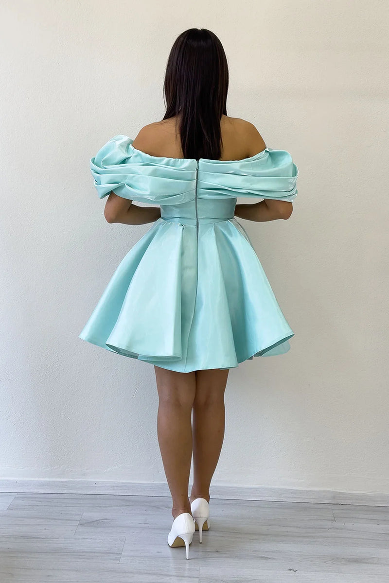 Su Yeşili Omuz Detay Tasarım Mini Kloş Abiye Elbise