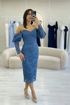 İndigo Düşük Omuz Balon Kol Dantel Abiye Elbise 