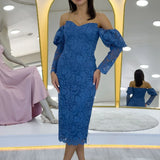 İndigo Düşük Omuz Balon Kol Dantel Abiye Elbise