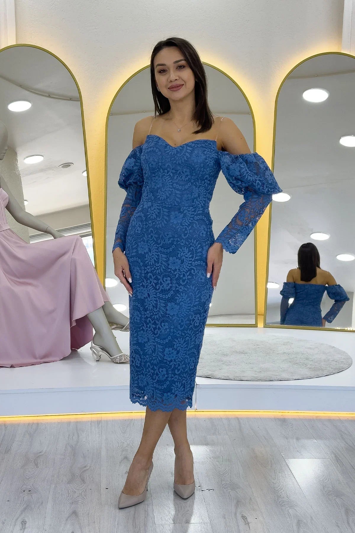İndigo Düşük Omuz Balon Kol Dantel Abiye Elbise 