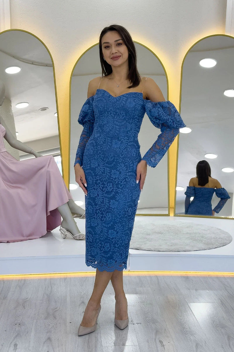 İndigo Düşük Omuz Balon Kol Dantel Abiye Elbise 