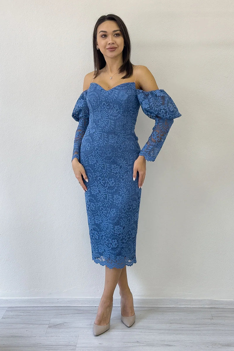 İndigo Düşük Omuz Balon Kol Dantel Abiye Elbise 