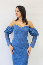 İndigo Düşük Omuz Balon Kol Dantel Abiye Elbise 