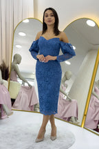 İndigo Düşük Omuz Balon Kol Dantel Abiye Elbise 