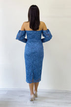 İndigo Düşük Omuz Balon Kol Dantel Abiye Elbise 