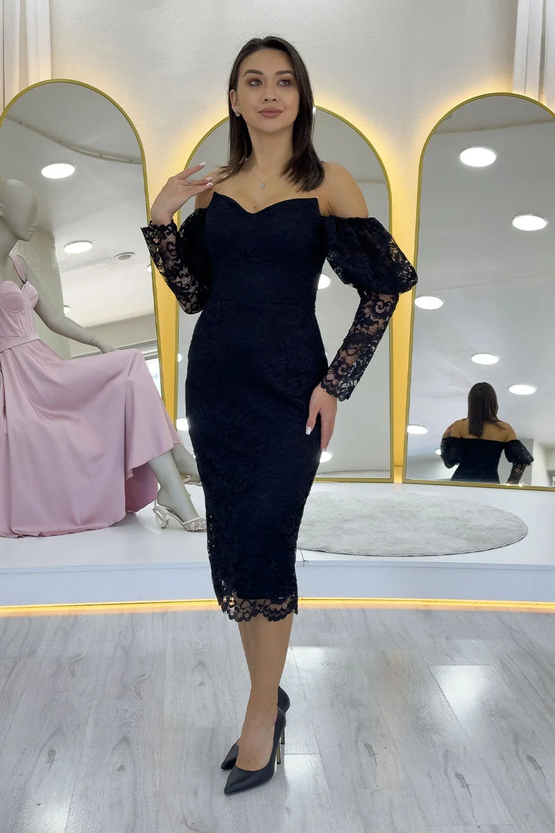 Siyah Düşük Omuz Balon Kol Dantel Abiye Elbise 