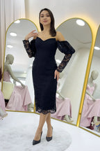 Siyah Düşük Omuz Balon Kol Dantel Abiye Elbise 