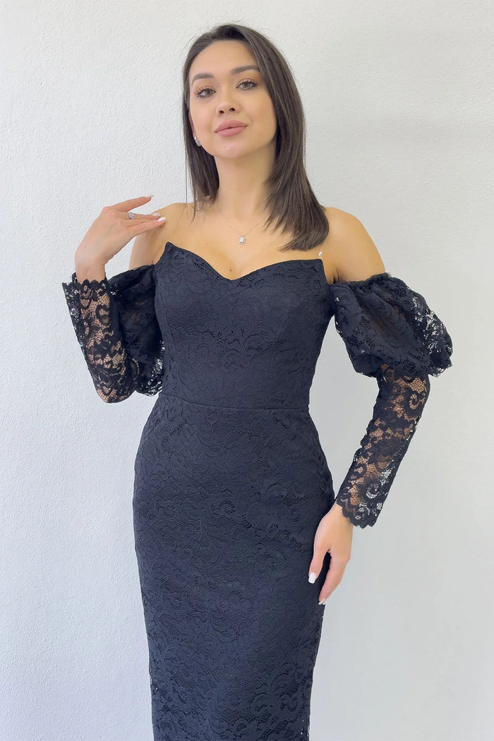 Siyah Düşük Omuz Balon Kol Dantel Abiye Elbise 