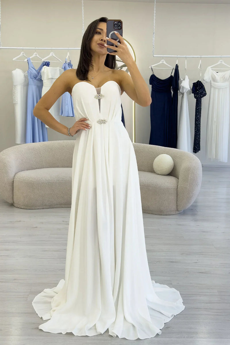 Beyaz Straplez Taş Detay Yırtmaçlı Abiye Elbise