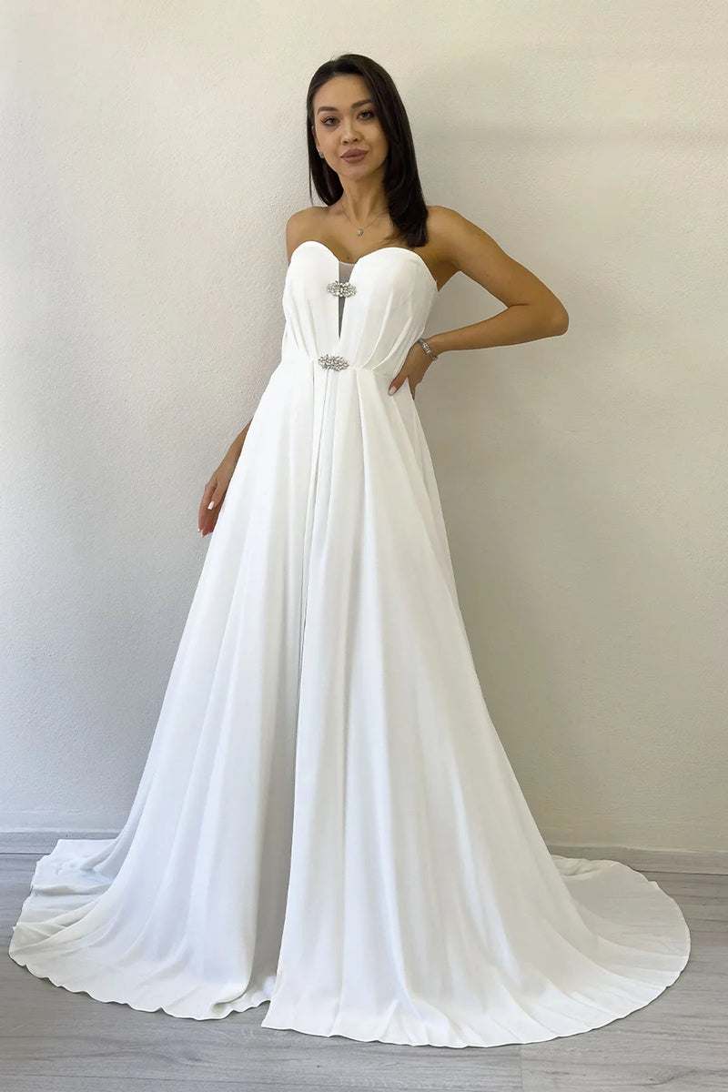 Beyaz Straplez Taş Detay Yırtmaçlı Abiye Elbise