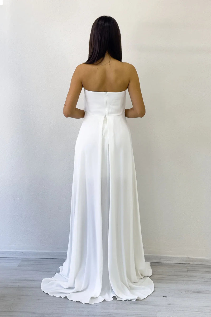 Beyaz Straplez Taş Detay Yırtmaçlı Abiye Elbise