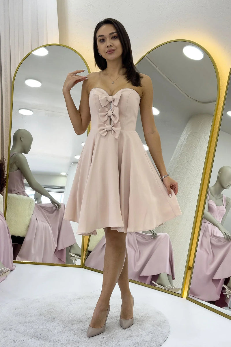 Bej Fiyonklu Taş İşlemeli Straplez Mini Abiye Elbise 