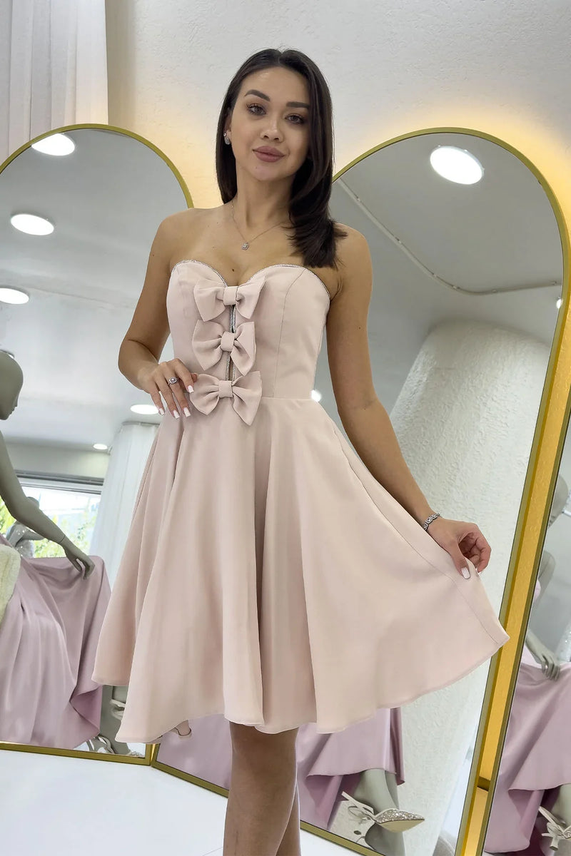 Bej Fiyonklu Taş İşlemeli Straplez Mini Abiye Elbise 