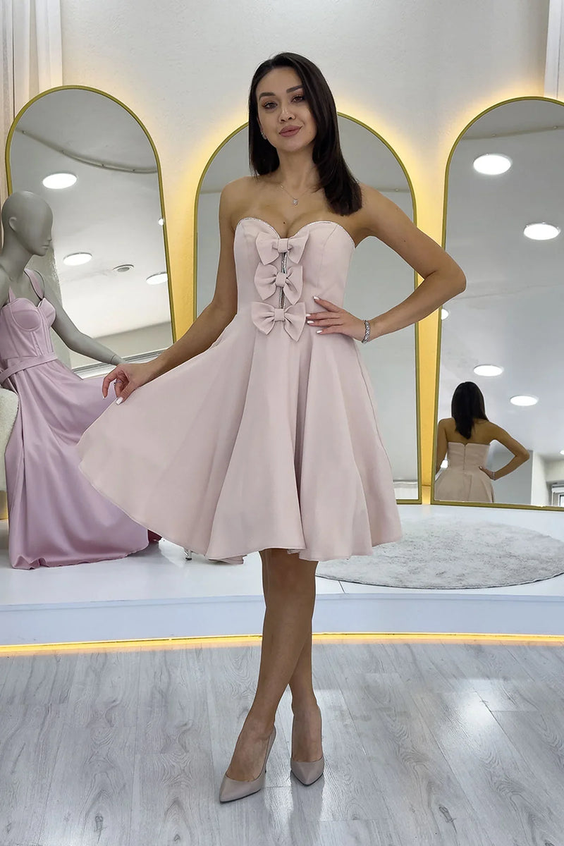 Bej Fiyonklu Taş İşlemeli Straplez Mini Abiye Elbise 