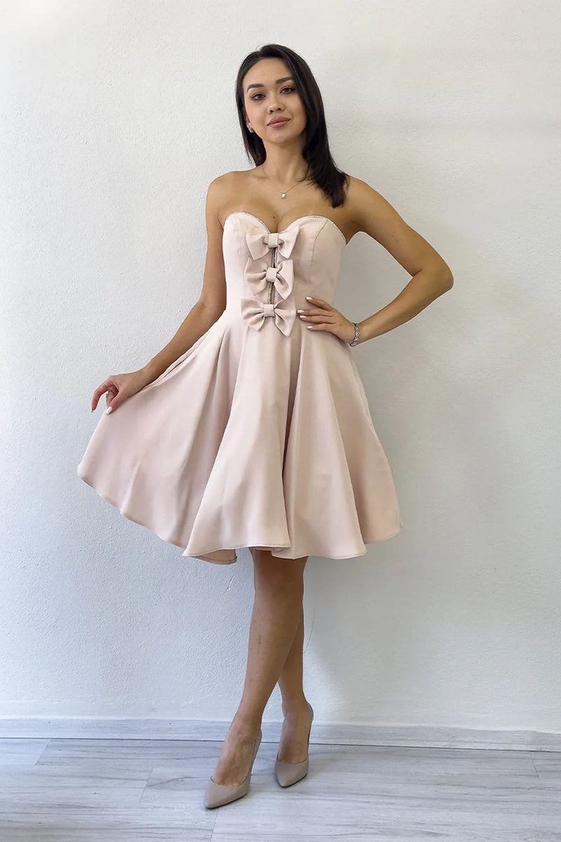 Bej Fiyonklu Taş İşlemeli Straplez Mini Abiye Elbise 