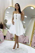 Beyaz Fiyonklu Taş İşlemeli Straplez Mini Abiye Elbise