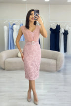 Pudra Dantel Kumaş Tül Detaylı Kemerli Midi Boy Abiye Elbise