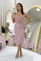 Pudra Dantel Kumaş Tül Detaylı Kemerli Midi Boy Abiye Elbise