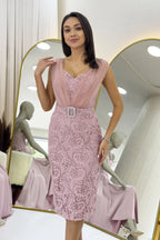 Pudra Dantel Kumaş Tül Detaylı Kemerli Midi Boy Abiye Elbise