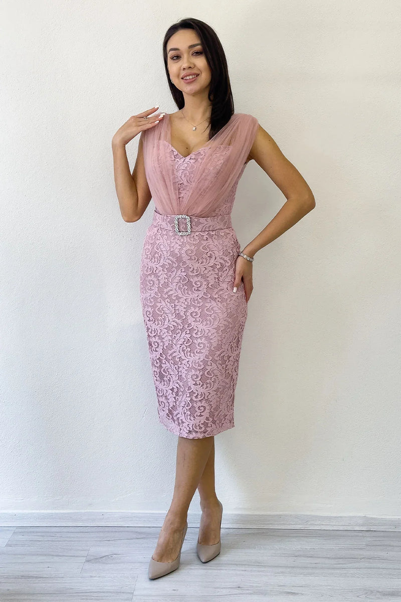 Pudra Dantel Kumaş Tül Detaylı Kemerli Midi Boy Abiye Elbise